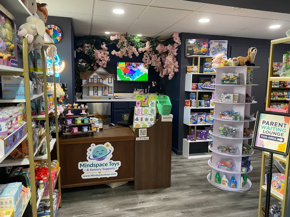 The front counter and sales floor inside Mindspace Toys & Sensory Supports in Clarks Summit, PA, with sensory fidgets, STEM kits, and plush toys on display.