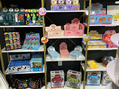 Shelf of plush collectibles, puzzles, and games at Mindspace Toys geared toward tweens, teens, and adults.