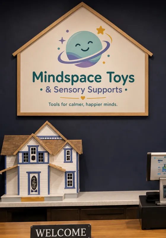 The welcoming entrance inside Mindspace Toys & Sensory Supports in Clarks Summit, PA, with the store sign above the front counter.